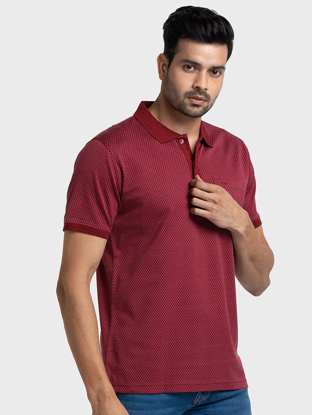 Colorplus Men Maroon Woven Design Tailored Fit Half Sleeve Polo Neck T-Shirt - Image 2