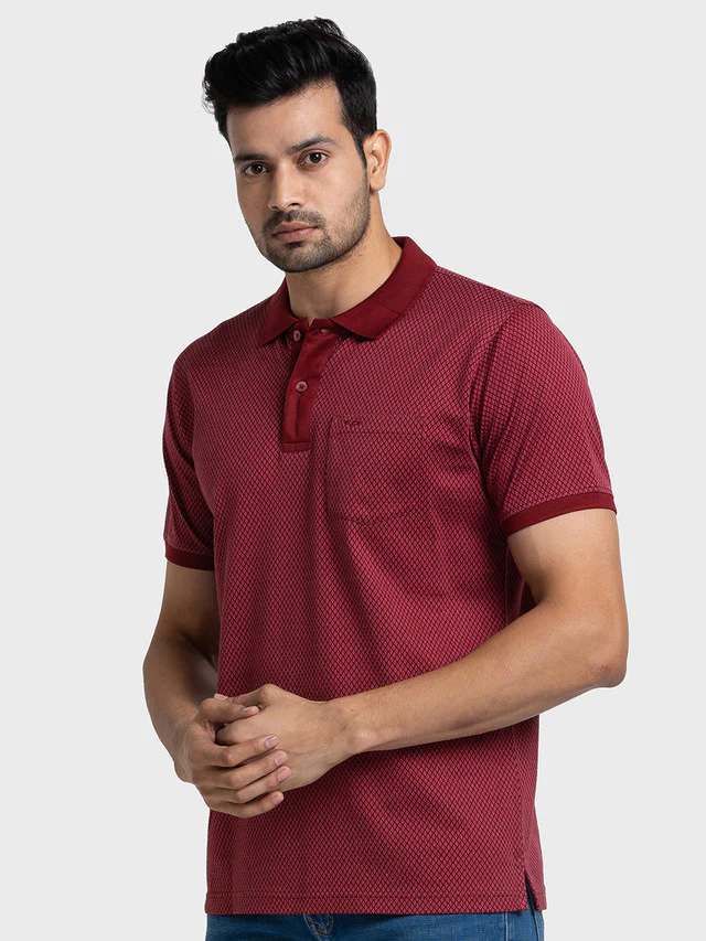 Colorplus Men Maroon Woven Design Tailored Fit Half Sleeve Polo Neck T-Shirt - Image 3