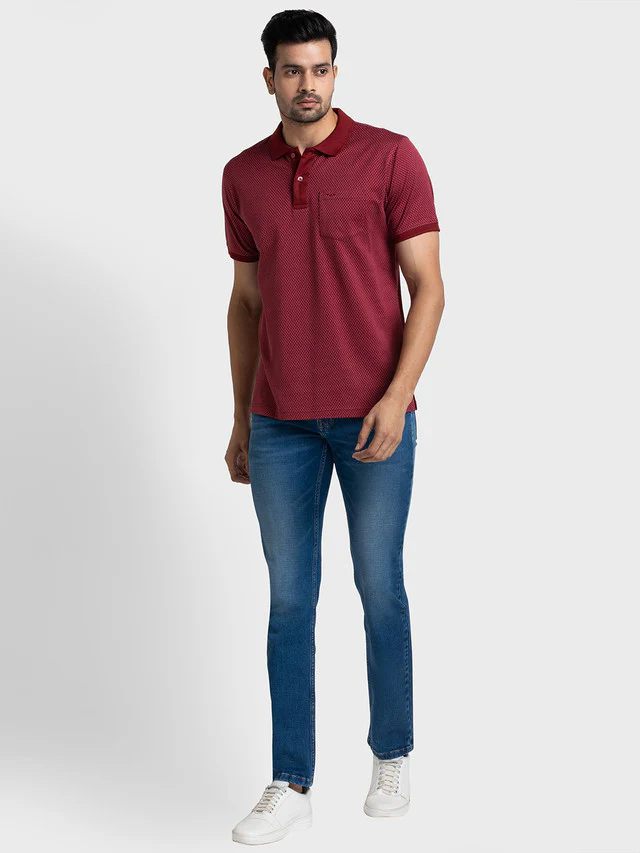 Colorplus Men Maroon Woven Design Tailored Fit Half Sleeve Polo Neck T-Shirt - Image 5