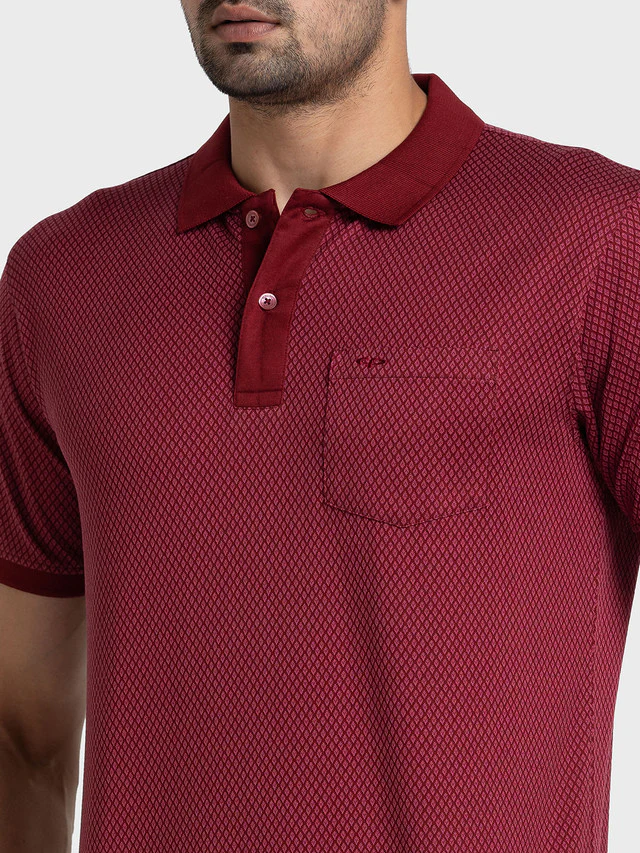 Colorplus Men Maroon Woven Design Tailored Fit Half Sleeve Polo Neck T-Shirt - Image 6