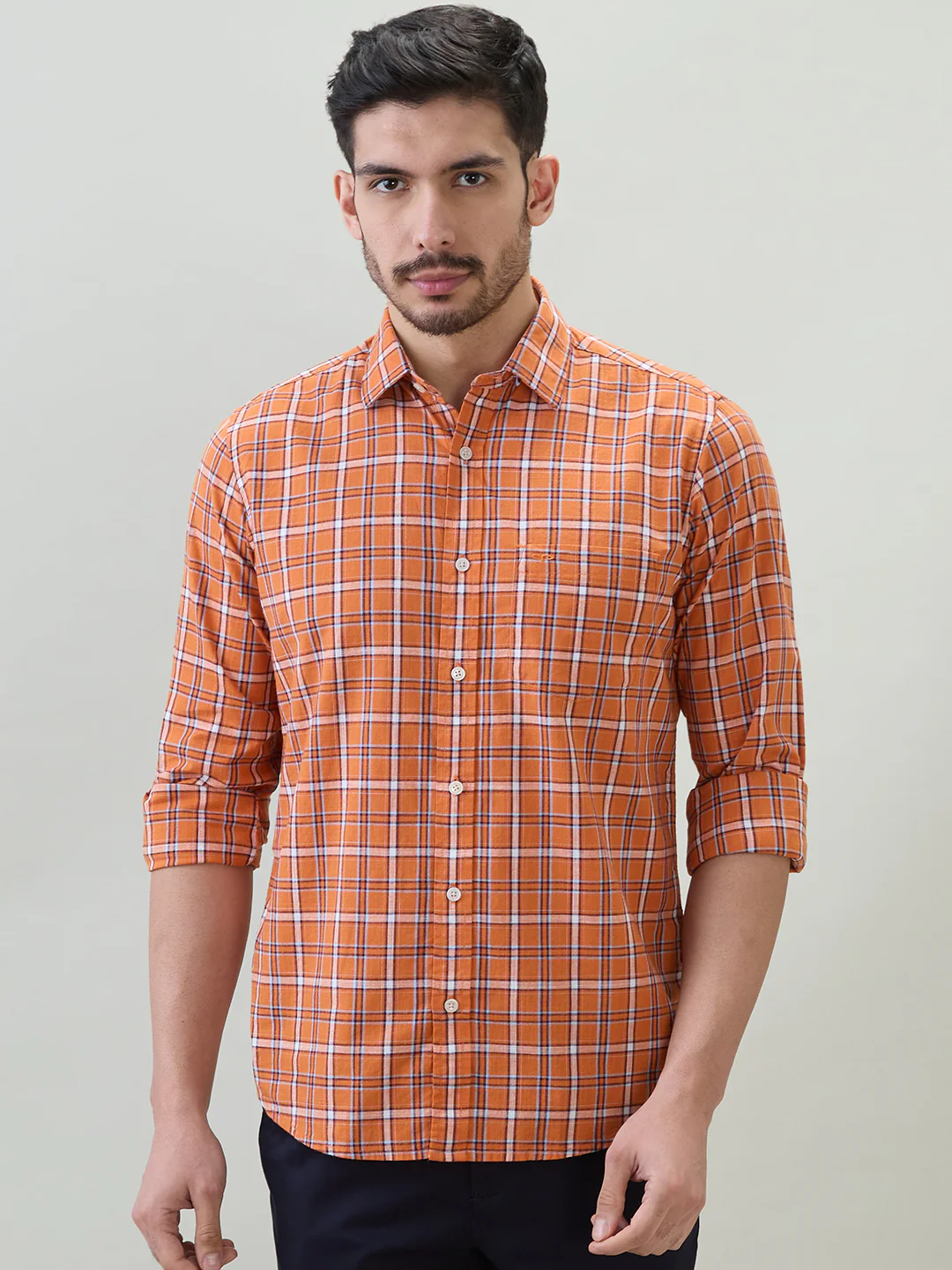 Colorplus Men Orange Checks Regular Fit Cotton Casual Shirt