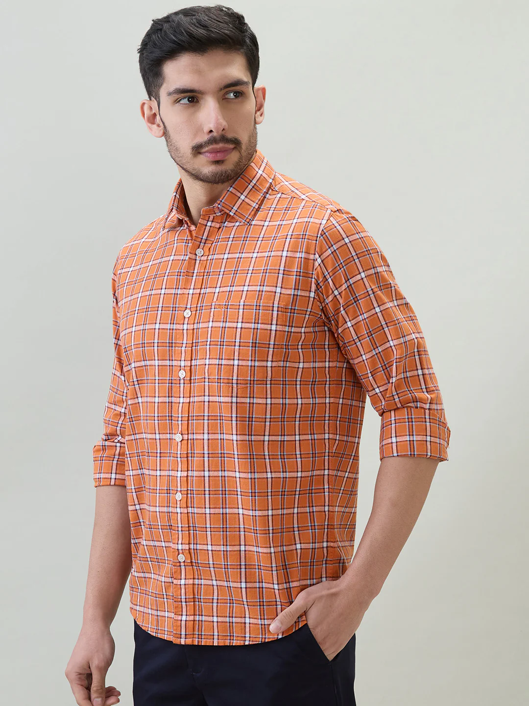 Colorplus Men Orange Checks Regular Fit Cotton Casual Shirt - Image 3