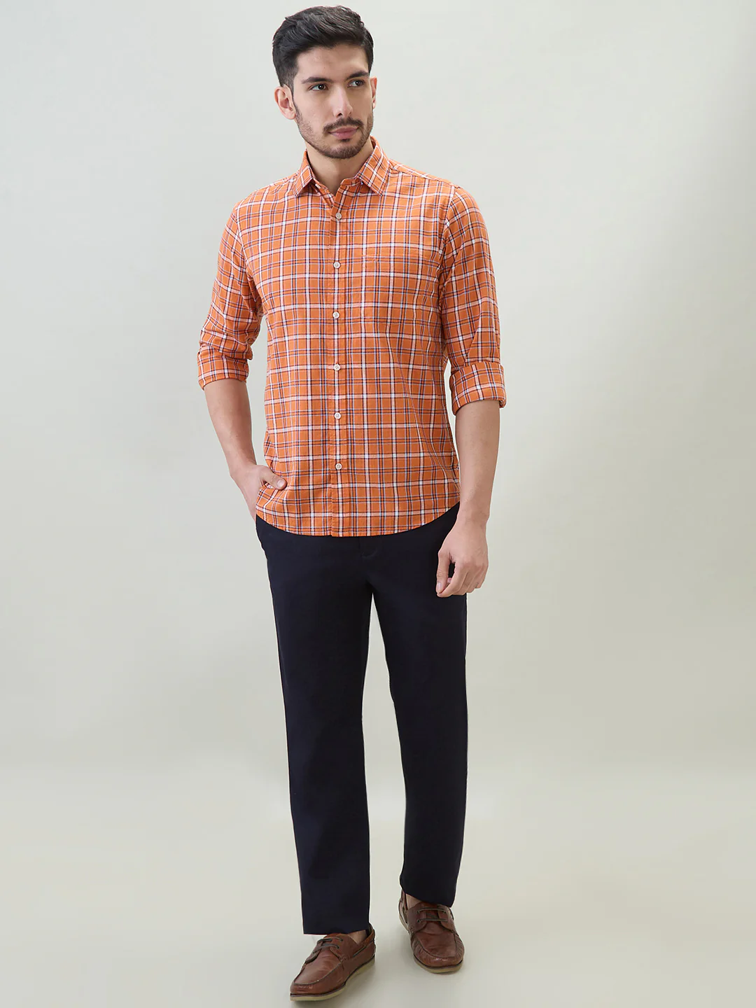 Colorplus Men Orange Checks Regular Fit Cotton Casual Shirt - Image 5