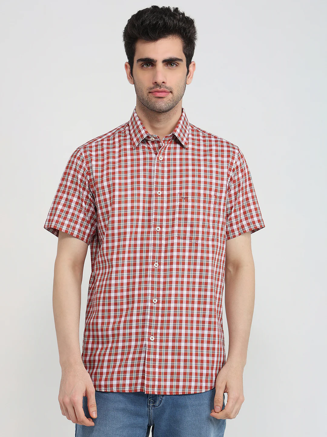 Colorplus Men Orange Checks Regular Fit Cotton Casual Shirt