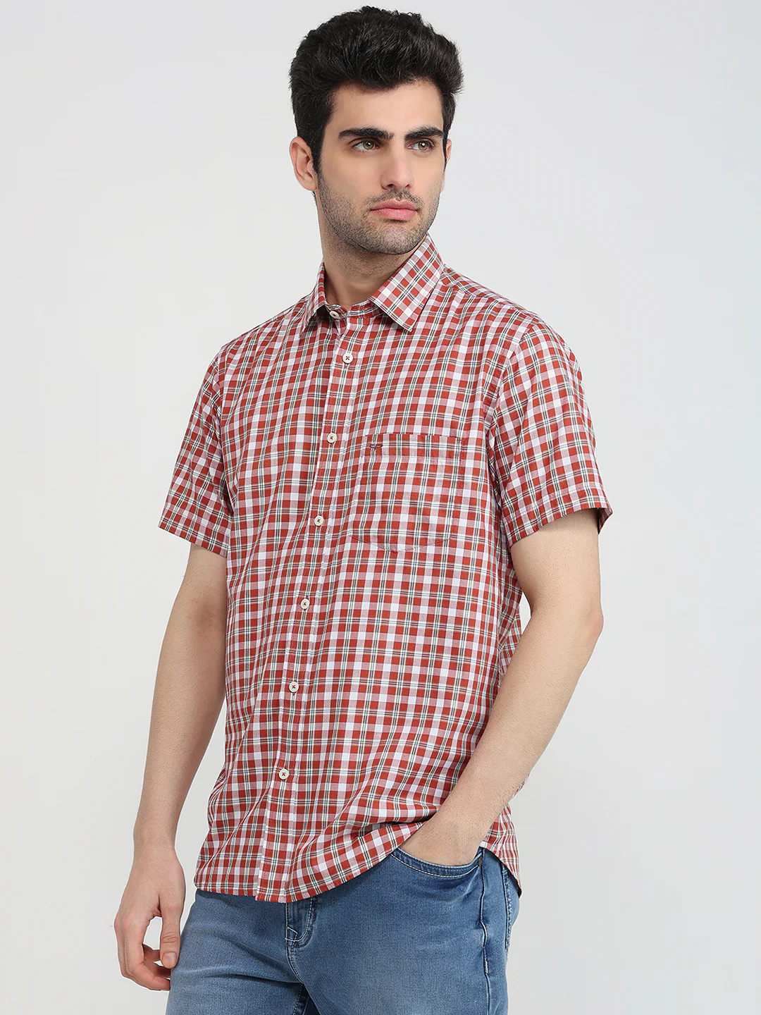 Colorplus Men Orange Checks Regular Fit Cotton Casual Shirt - Image 2