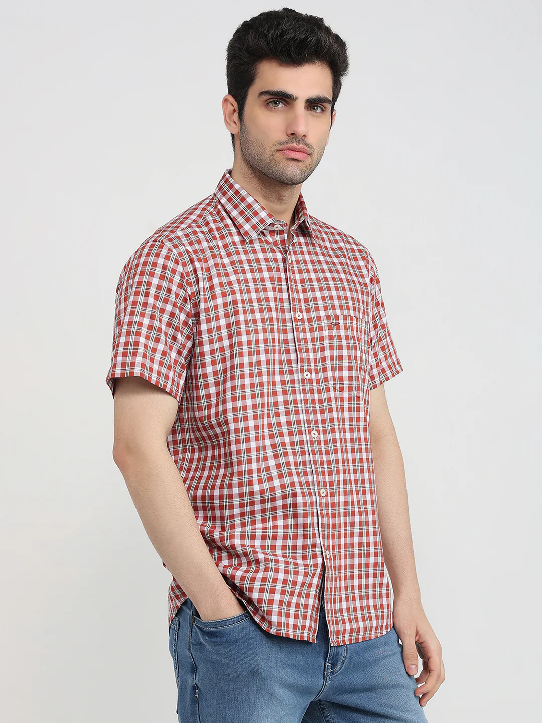 Colorplus Men Orange Checks Regular Fit Cotton Casual Shirt - Image 3