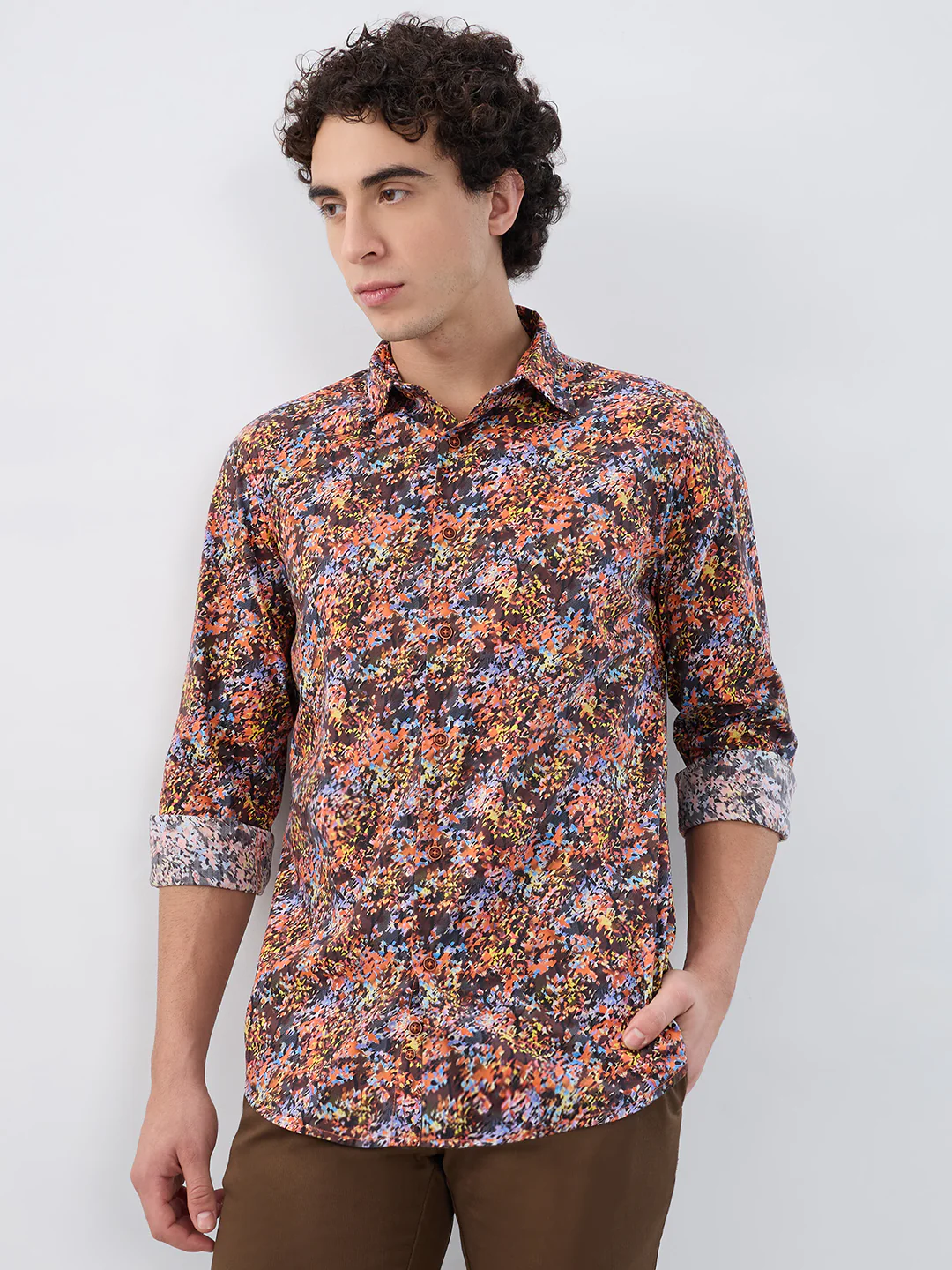 Colorplus Men Orange Print Regular Fit Cotton Shirt