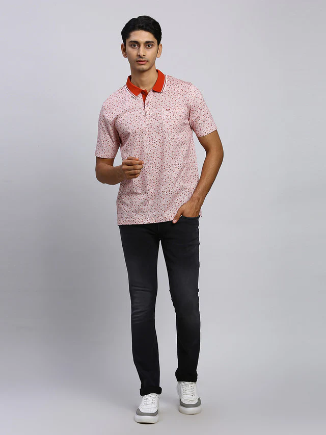 Colorplus Men Orange Printed Classic Fit Half Sleeve Polo Neck T-Shirt - Image 5