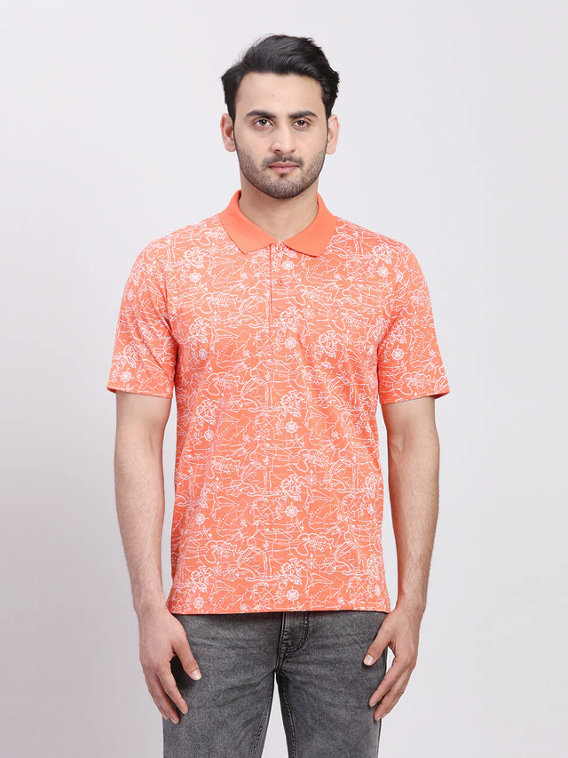 Colorplus Men Orange Printed Regular Fit Half Sleeve Polo Neck T-Shirt