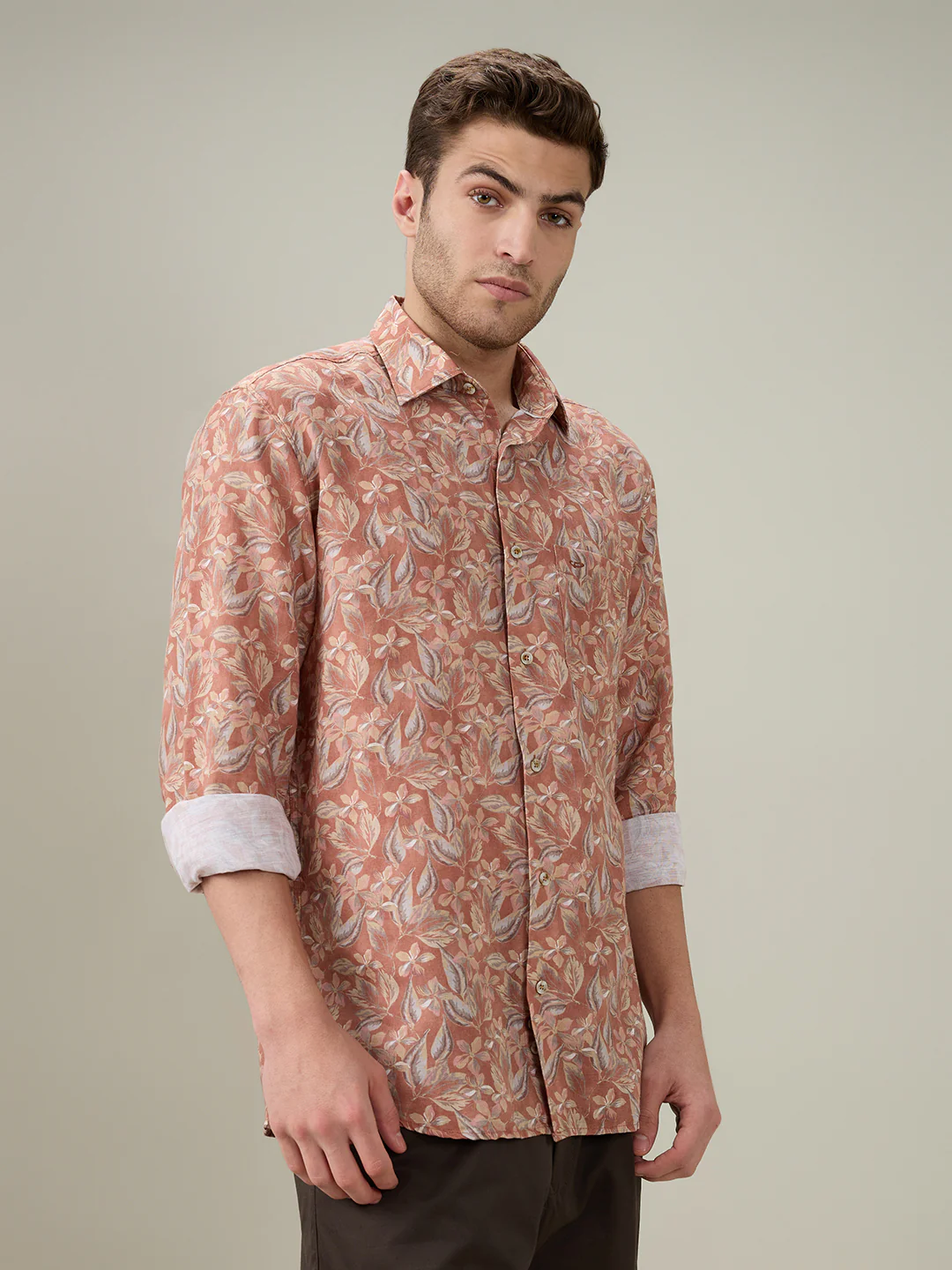 Colorplus Men Orange Printed Regular Fit Linen Blend Full Sleeve Casual Shirt - Image 3
