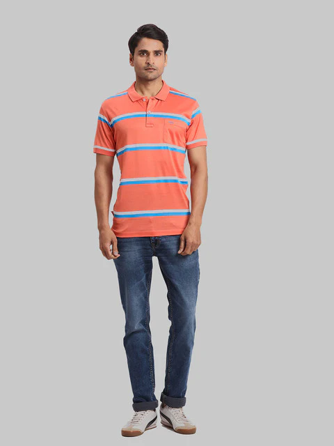 Colorplus Men Orange Stripe Regular Fit Cotton T-Shirt - Image 5