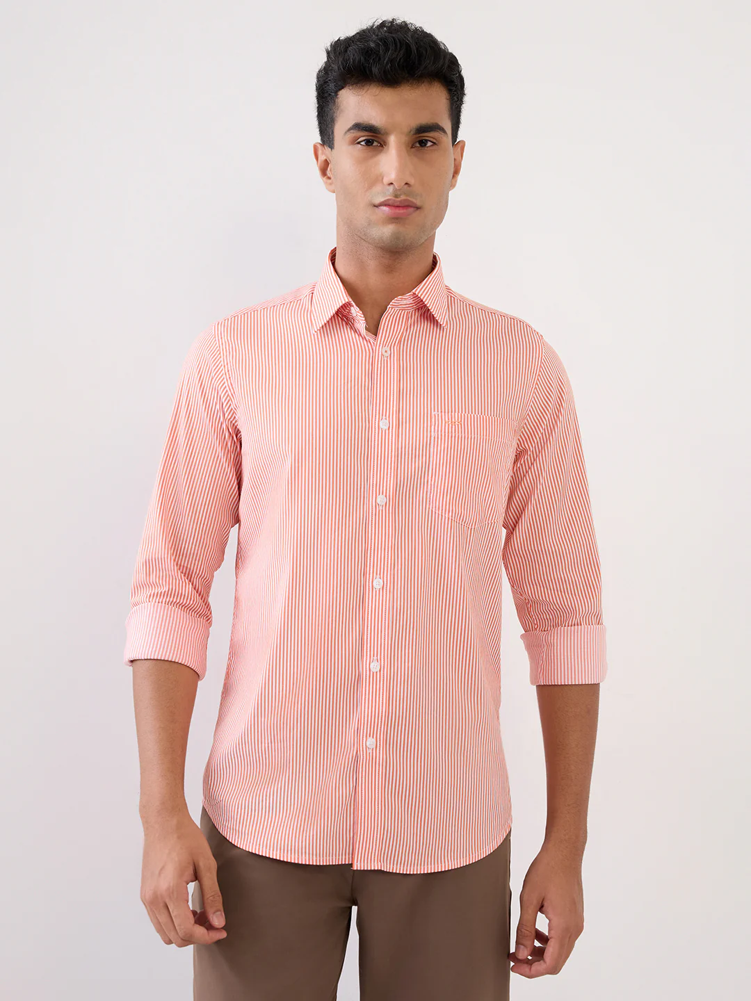 Colorplus Men Orange Stripe Slim Fit Cotton Blend Full Sleeve Casual Shirt
