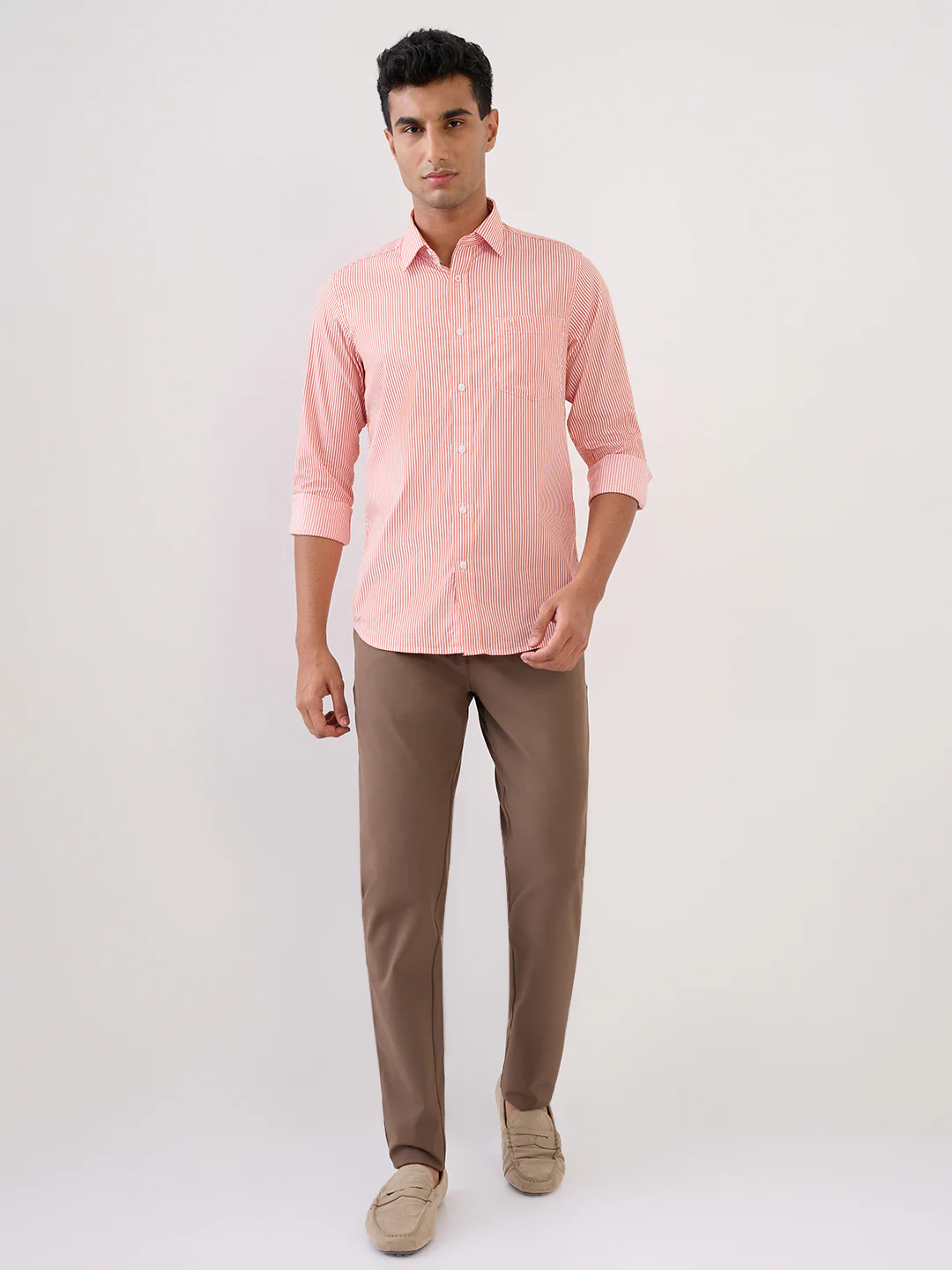 Colorplus Men Orange Stripe Slim Fit Cotton Blend Full Sleeve Casual Shirt - Image 5