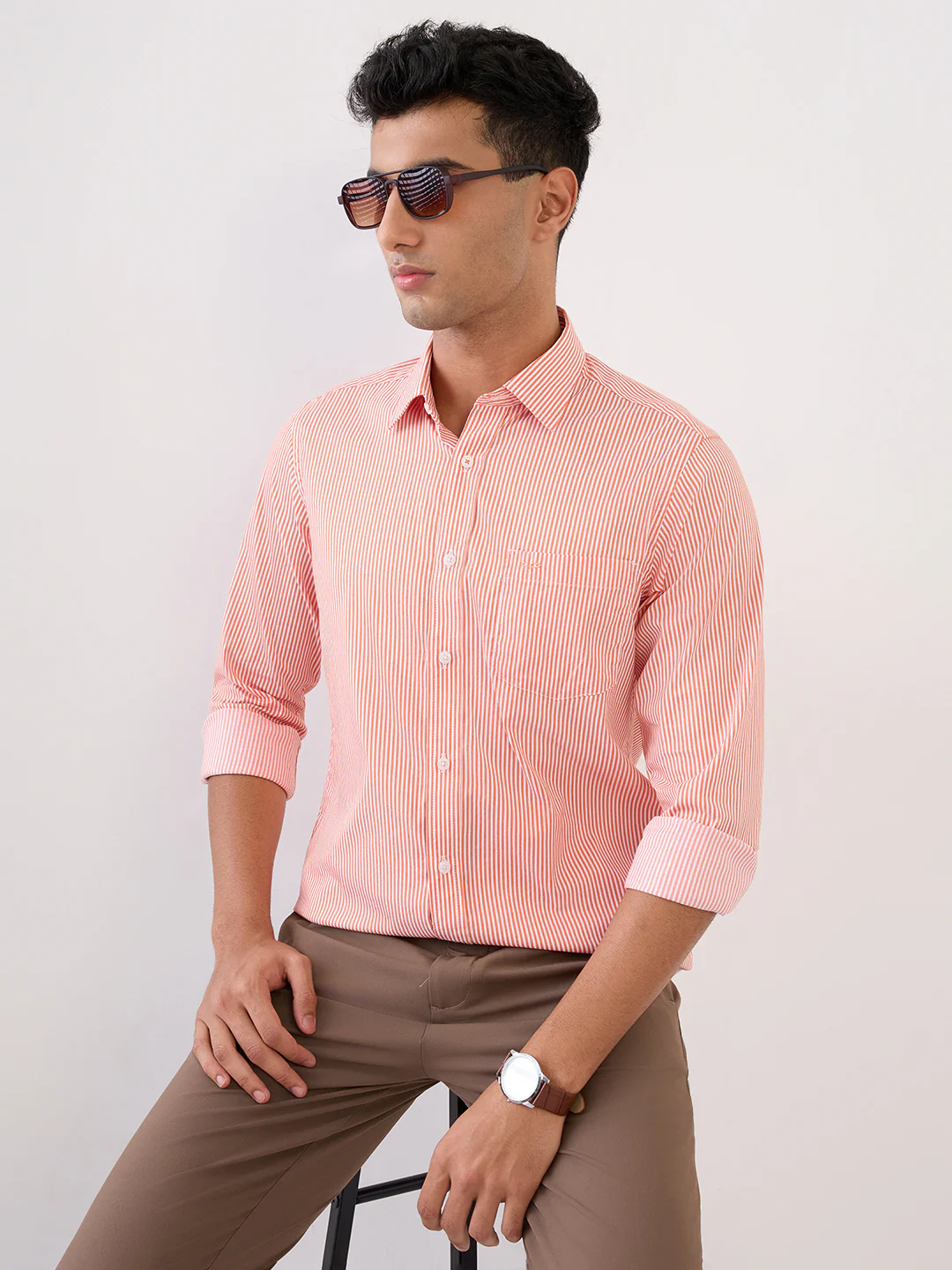 Colorplus Men Orange Stripe Slim Fit Cotton Blend Full Sleeve Casual Shirt - Image 6