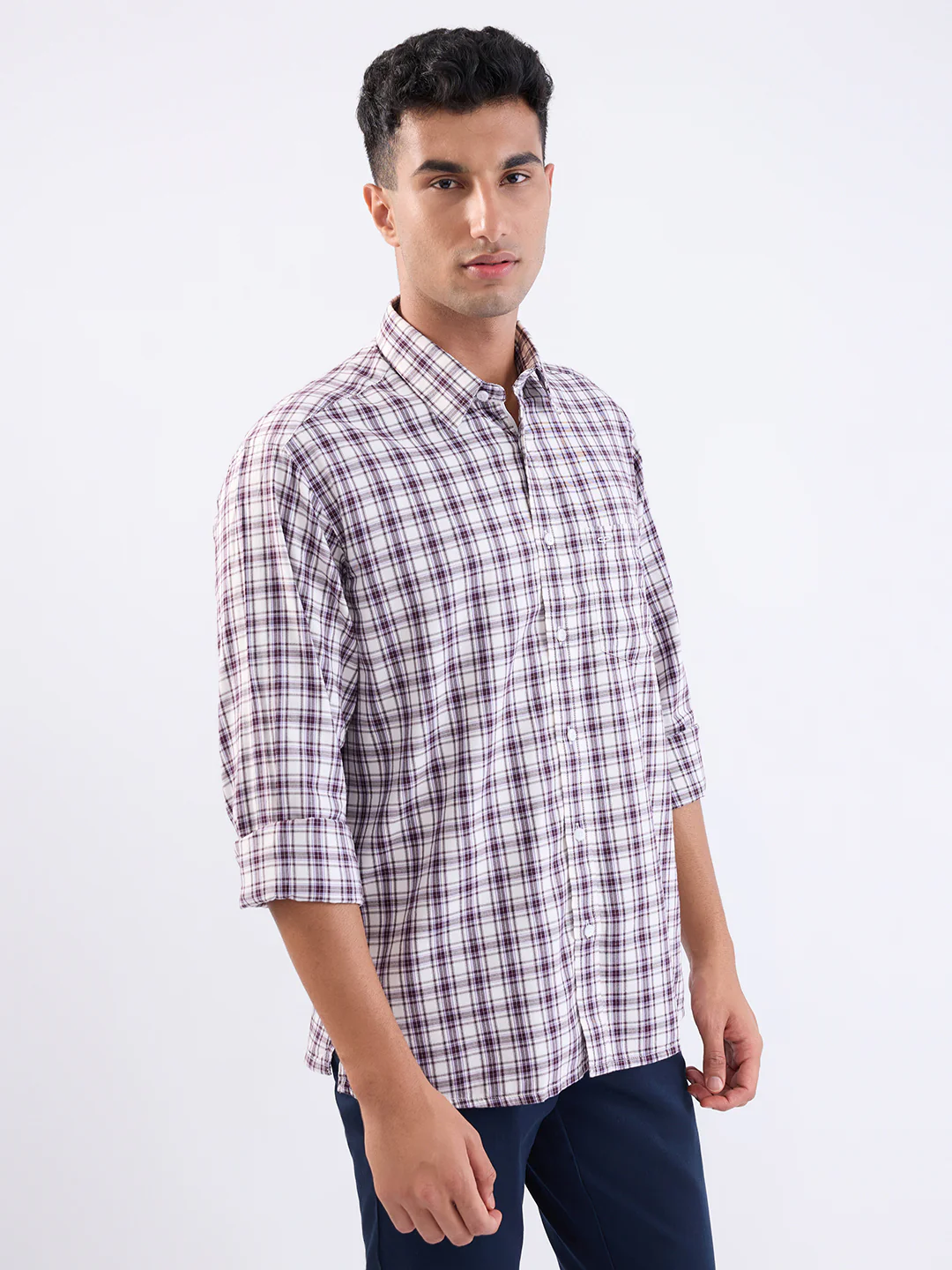 Colorplus Men Purple Checks Comfort Fit Cotton Blend Full Sleeve Casual Shirt - Image 3