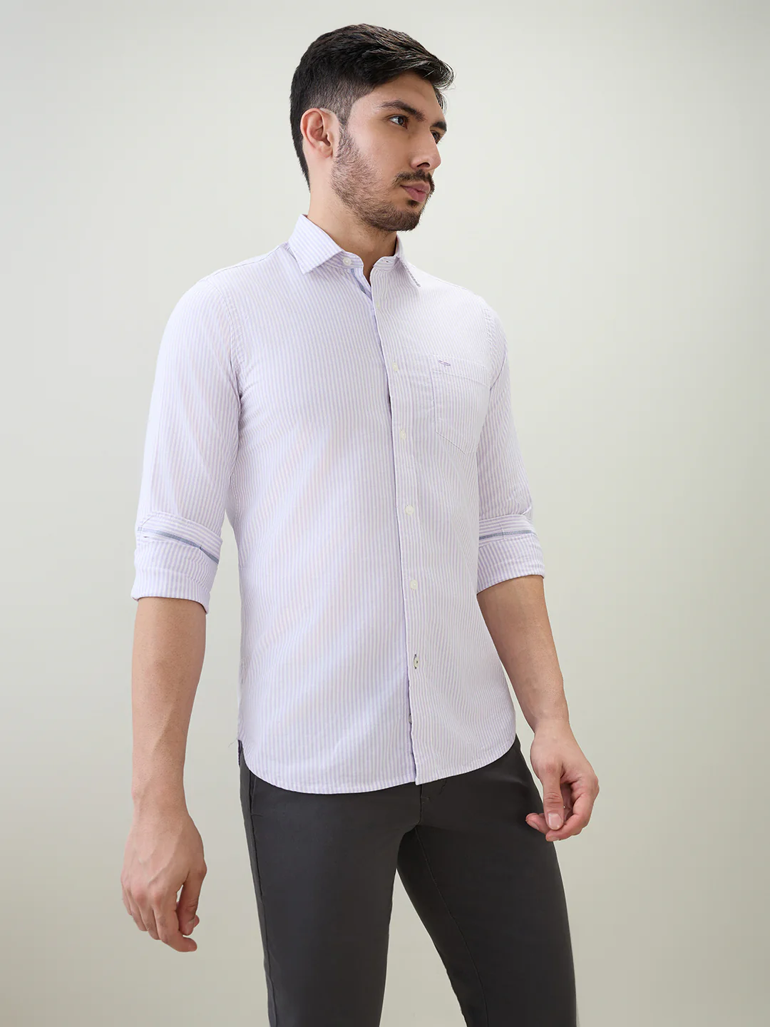 Colorplus Men Purple Stripe Slim Fit Cotton Blend Casual Shirt - Image 3