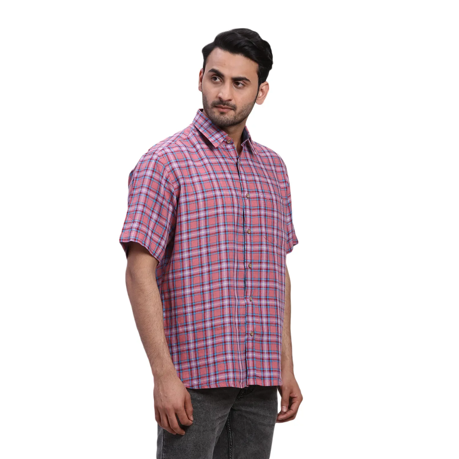 ColorPlus Men Red Checks Comfort Fit Linen Half Sleeve Shirt - Image 2