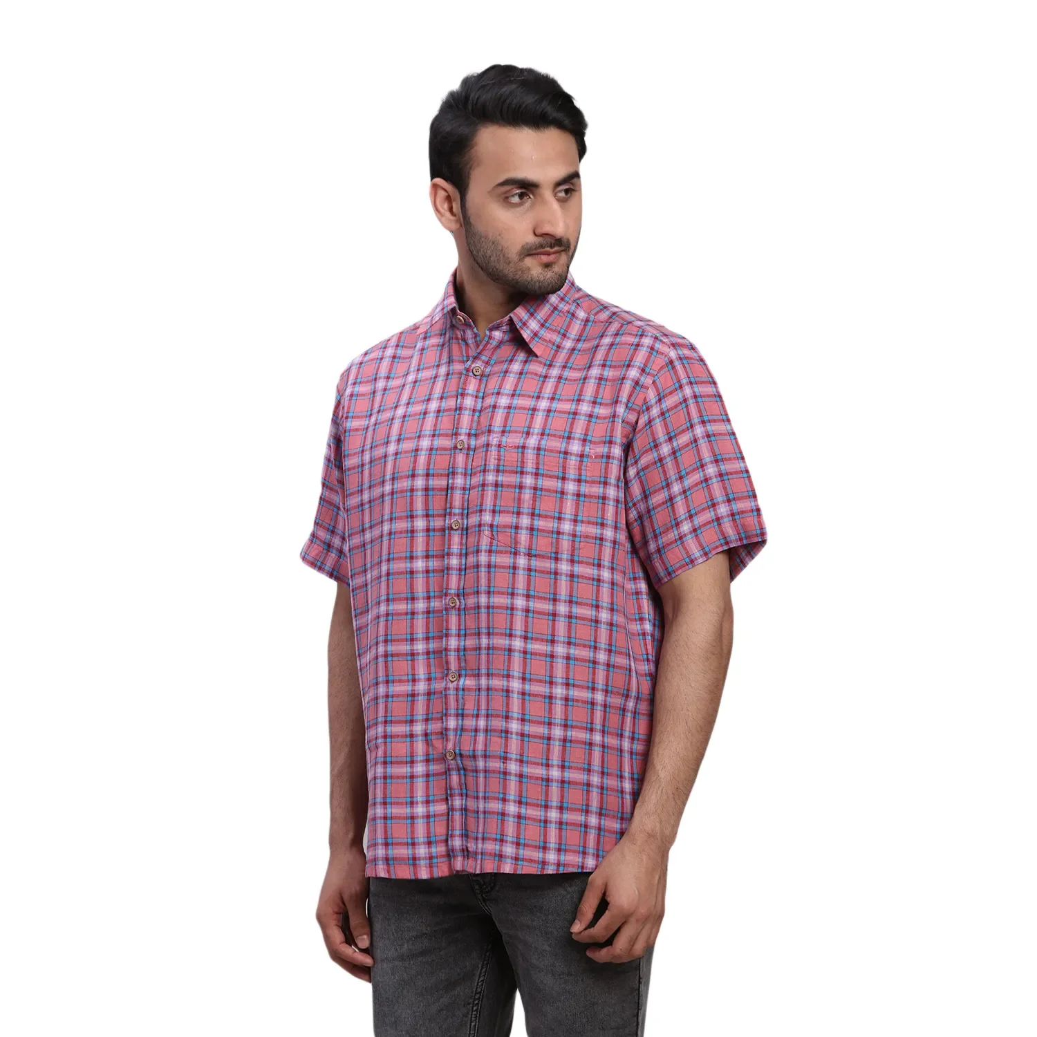 ColorPlus Men Red Checks Comfort Fit Linen Half Sleeve Shirt - Image 3
