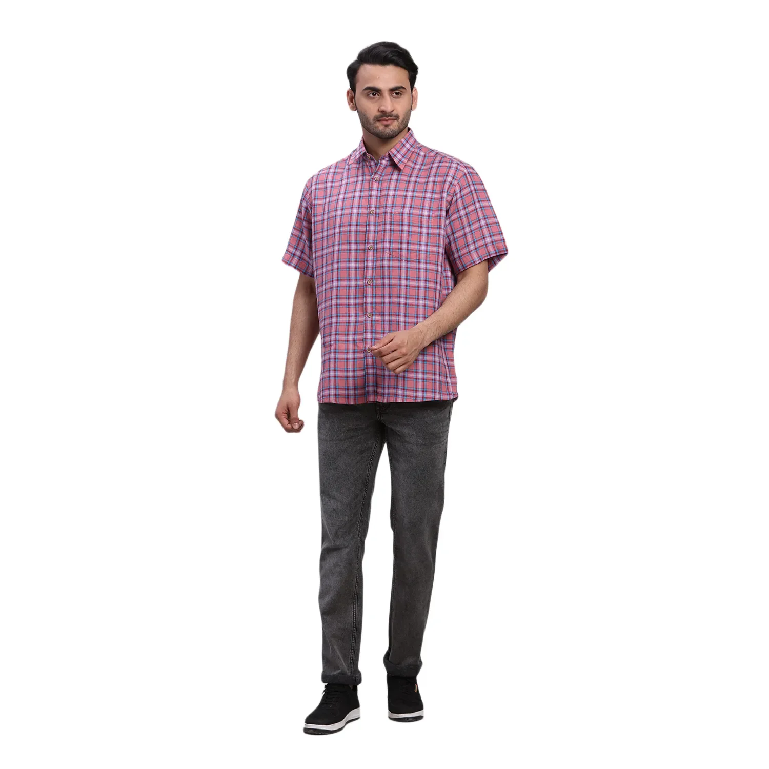 ColorPlus Men Red Checks Comfort Fit Linen Half Sleeve Shirt - Image 5