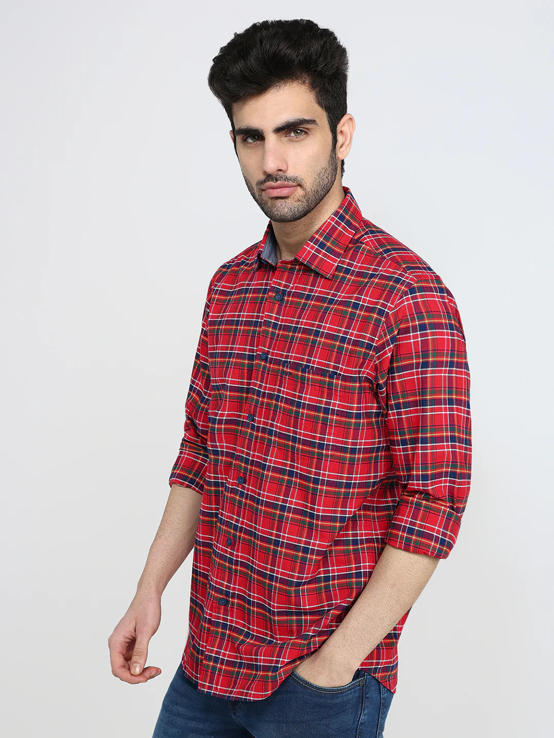 Colorplus Men Red Checks Regular Fit Cotton Full Sleeve Casual Shirt - Image 2