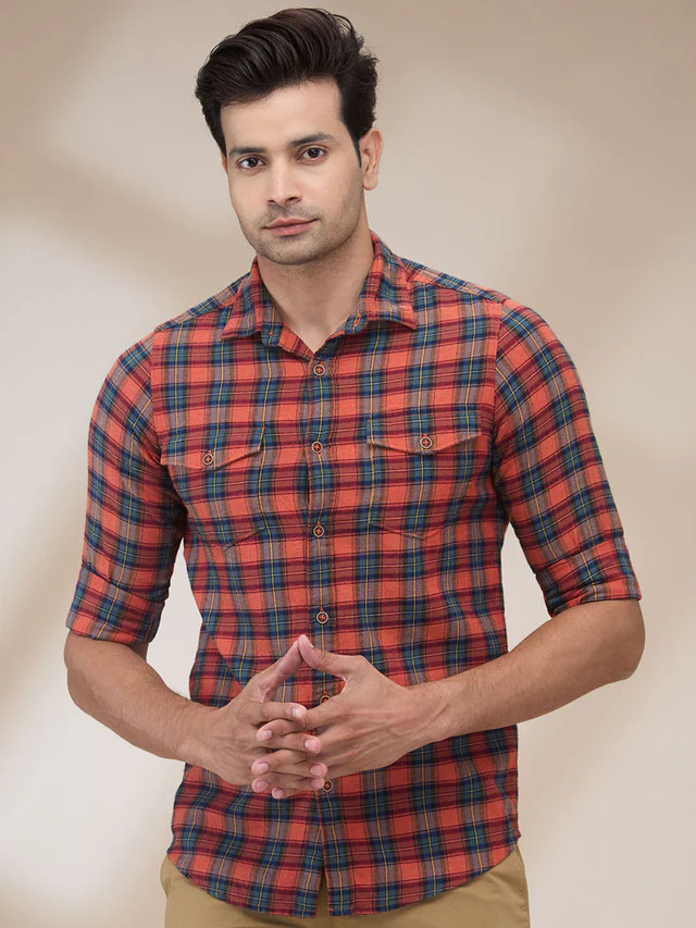 Colorplus Men Red Checks Slim Fit Cotton Casual Shirt