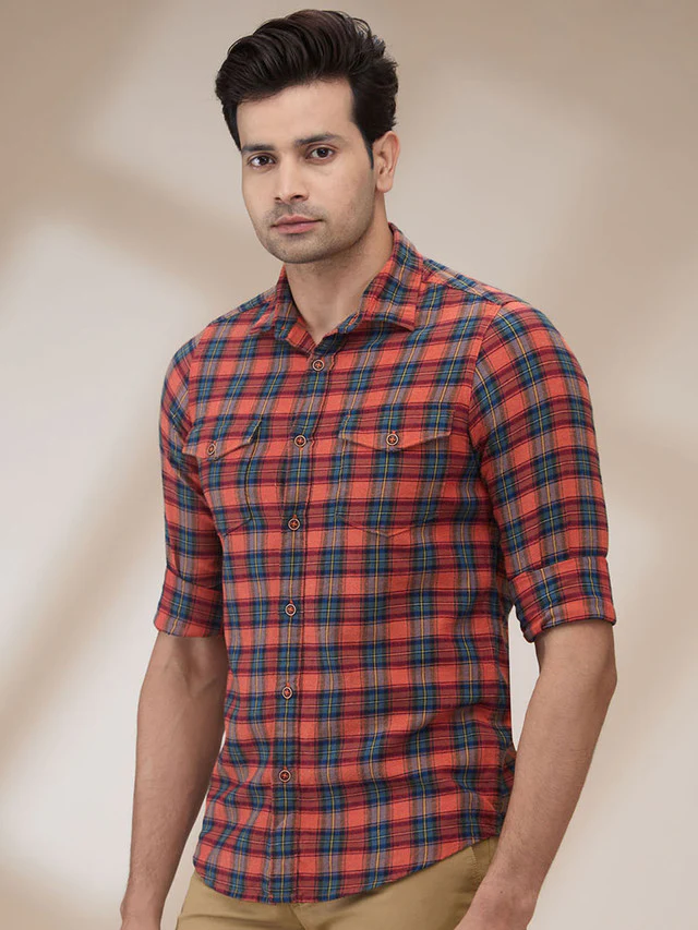 Colorplus Men Red Checks Slim Fit Cotton Casual Shirt - Image 3