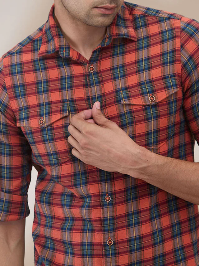 Colorplus Men Red Checks Slim Fit Cotton Casual Shirt - Image 6