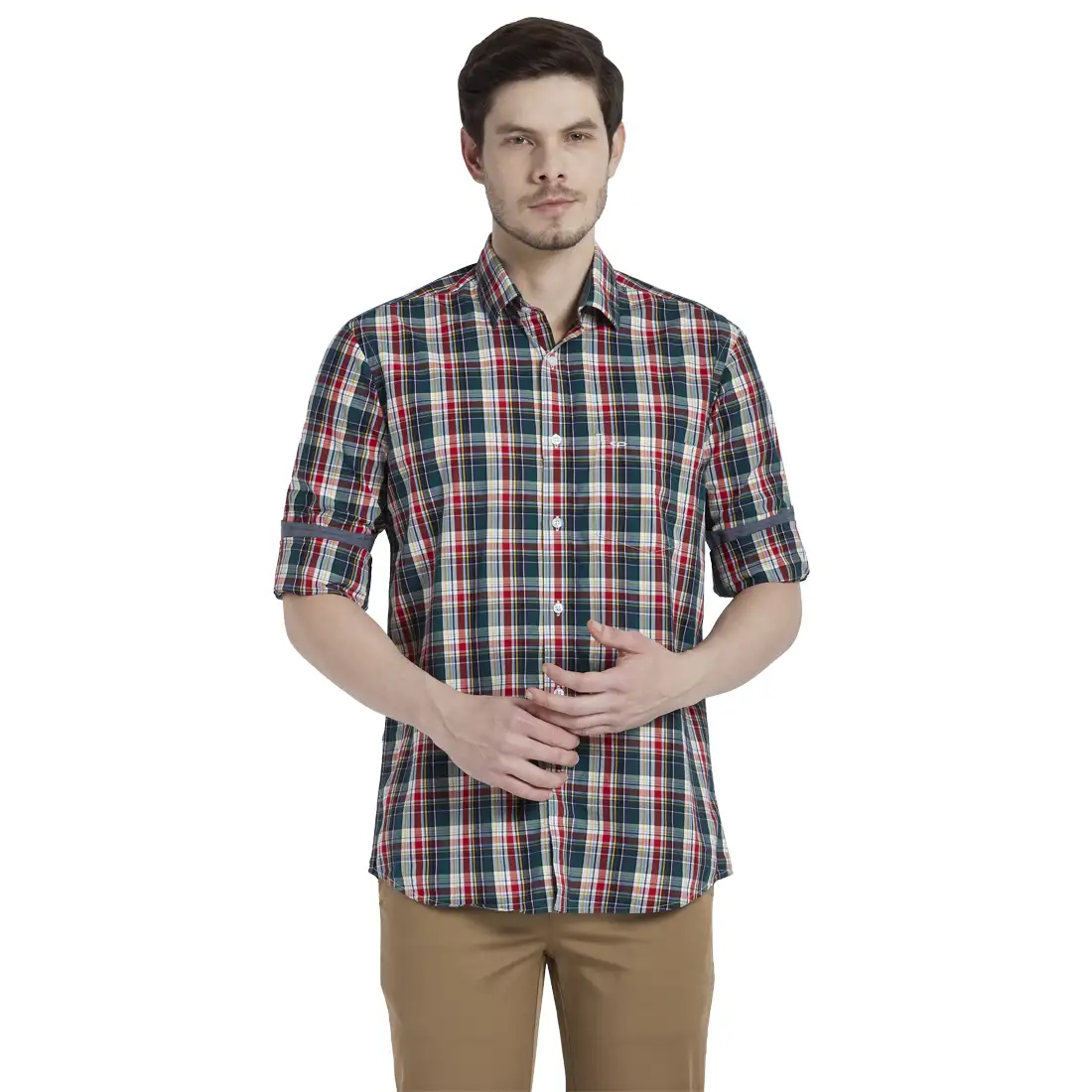 ColorPlus Men Red Checks Tailored Fit Cotton Full Sleeve Shirt