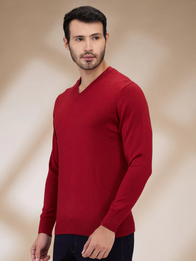 Colorplus Men Red Plain Regular Fit Wool Blend Sweater - Image 3