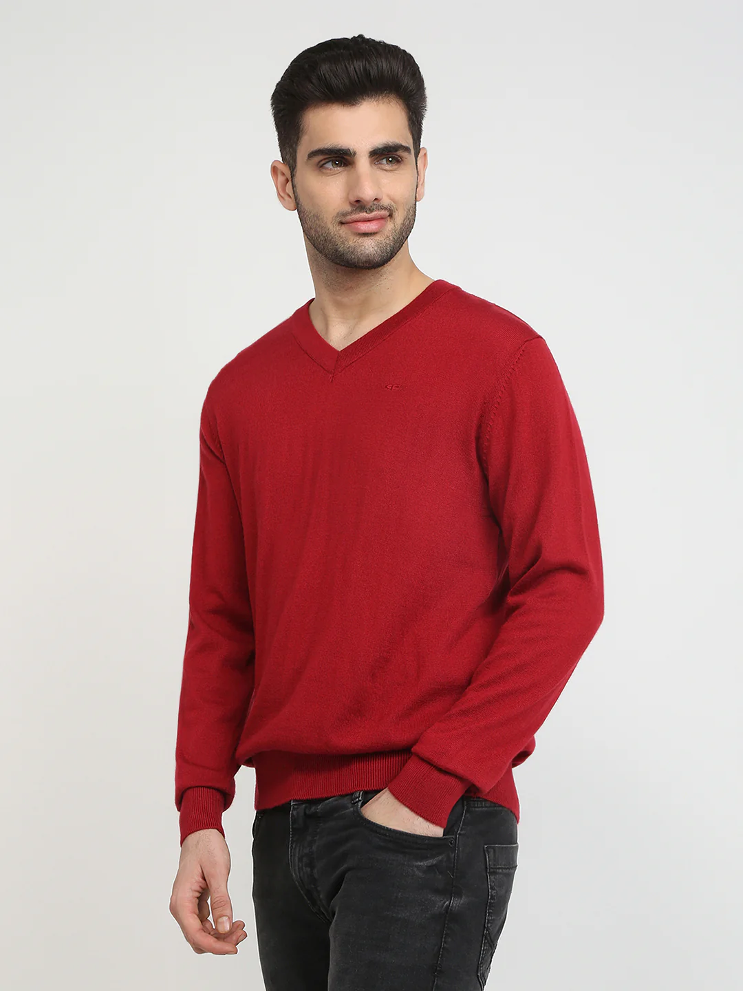 Colorplus Men Red Solid Regular Fit Wool Blend Full Sleeve V Neck Collar Sweater - Image 2