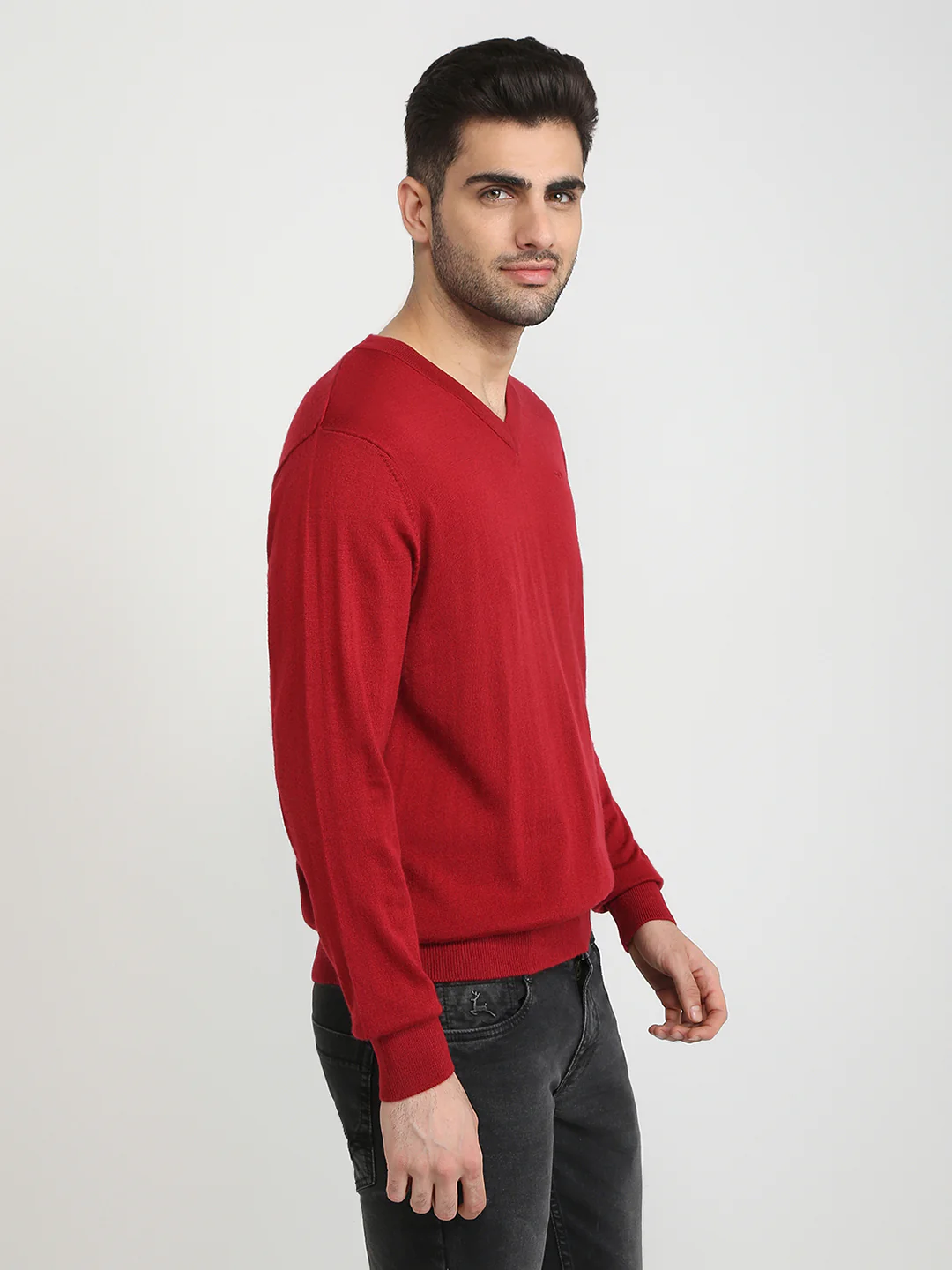 Colorplus Men Red Solid Regular Fit Wool Blend Full Sleeve V Neck Collar Sweater - Image 3