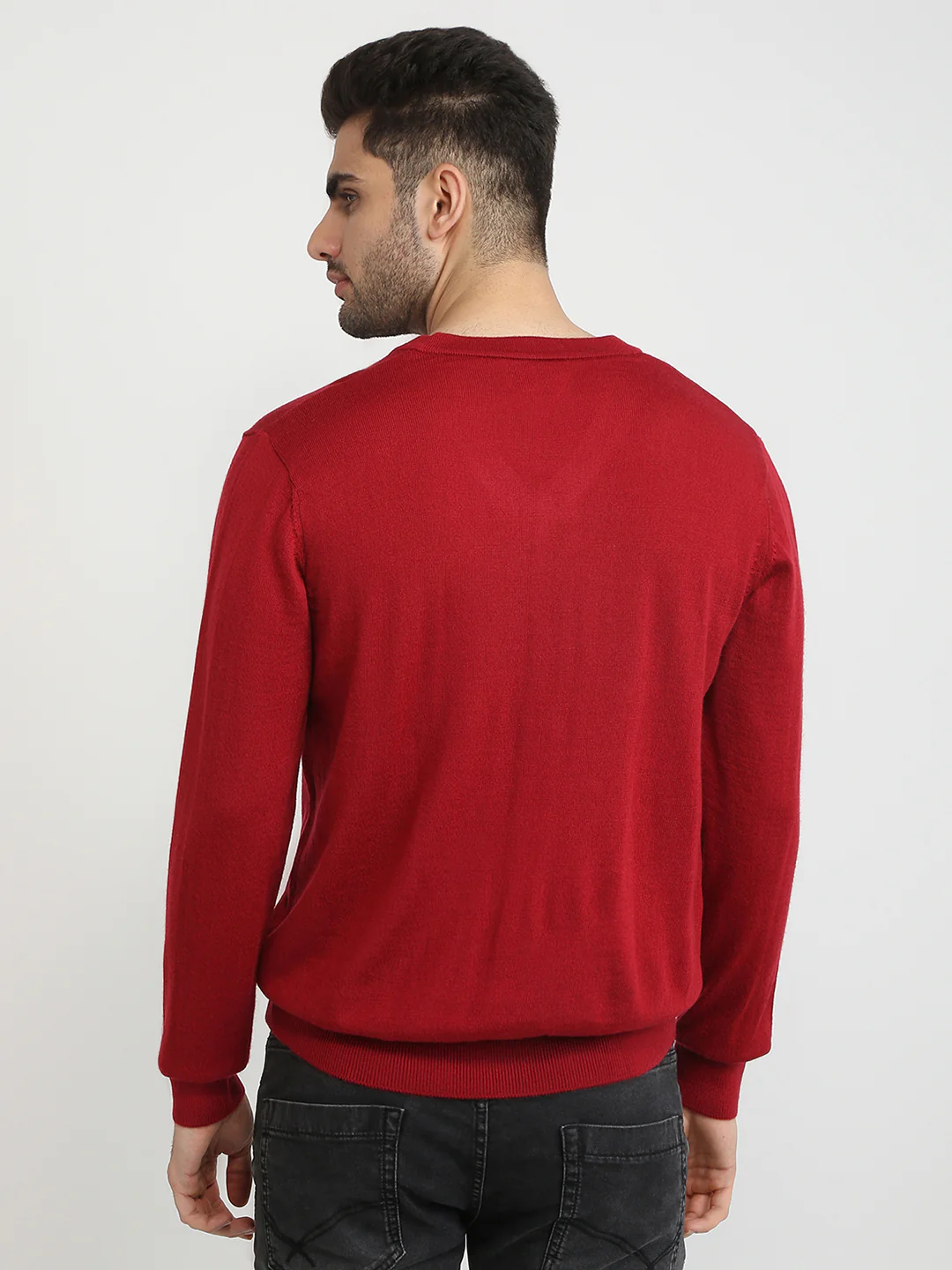 Colorplus Men Red Solid Regular Fit Wool Blend Full Sleeve V Neck Collar Sweater - Image 4