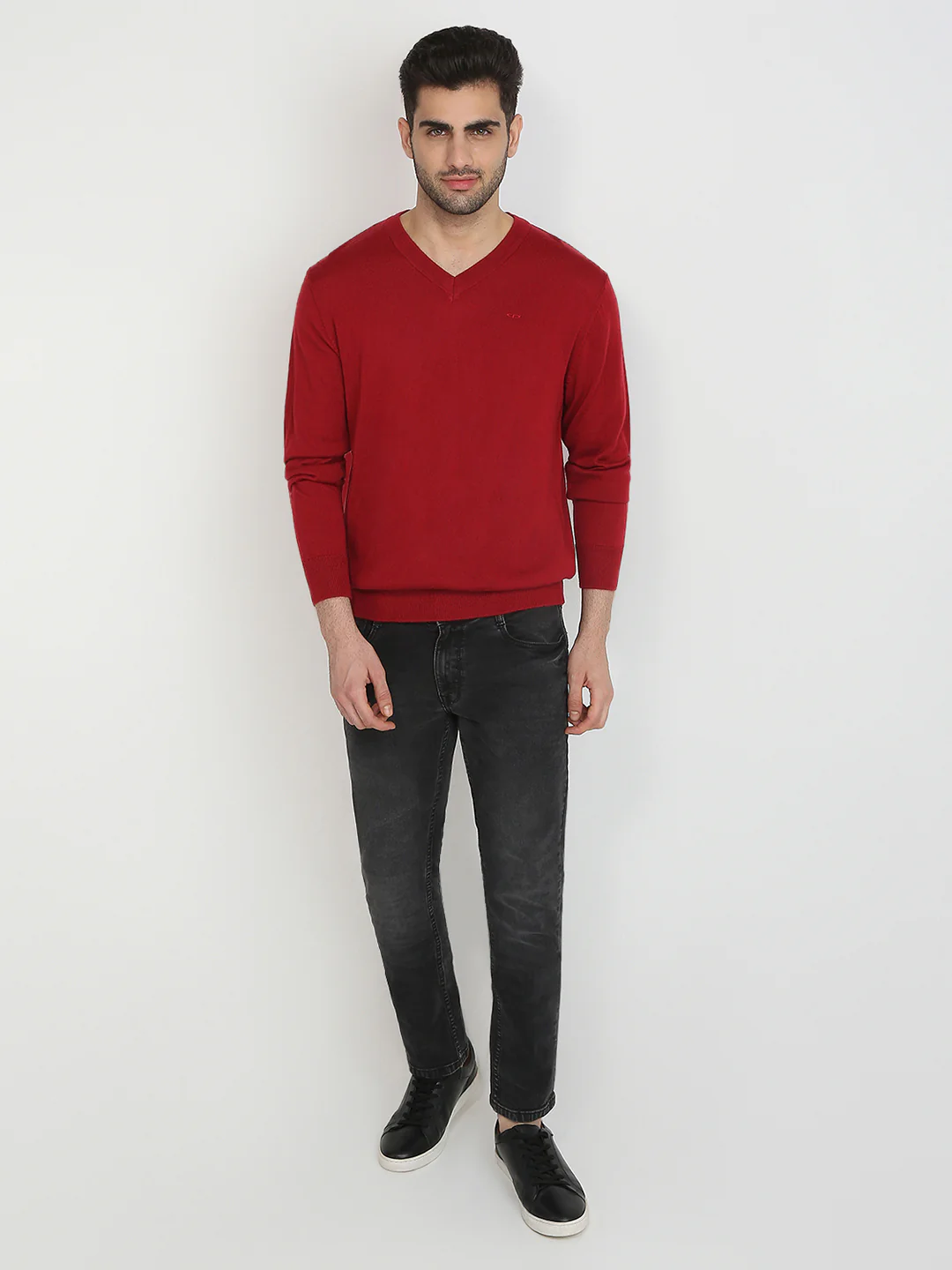 Colorplus Men Red Solid Regular Fit Wool Blend Full Sleeve V Neck Collar Sweater - Image 5