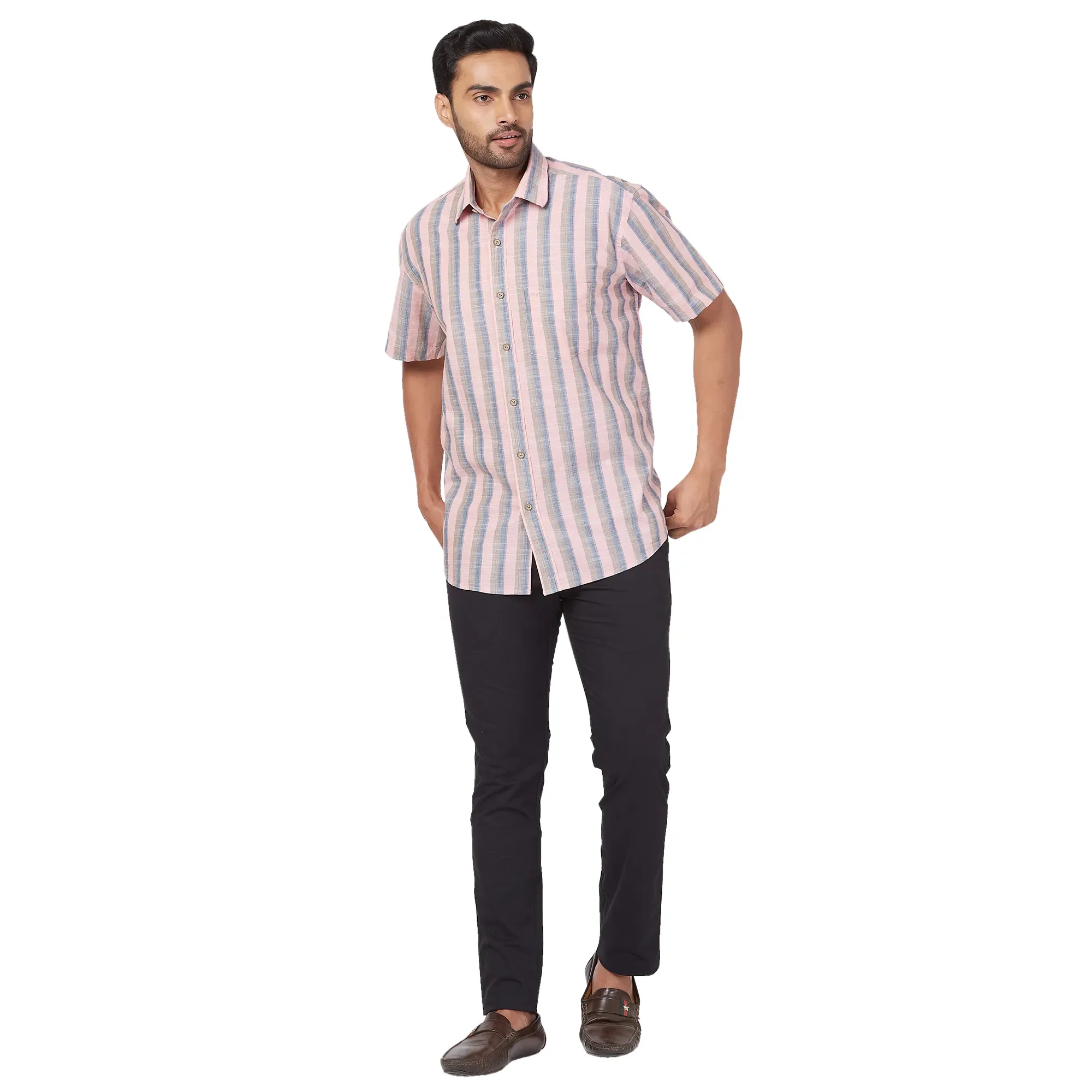 ColorPlus Men Red Stripe Regular Fit Cotton Half Sleeve Shirt - Image 5