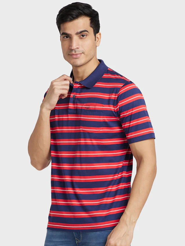 Colorplus Men Red Striped Classic Fit Half Sleeve Polo Neck T-Shirt - Image 3