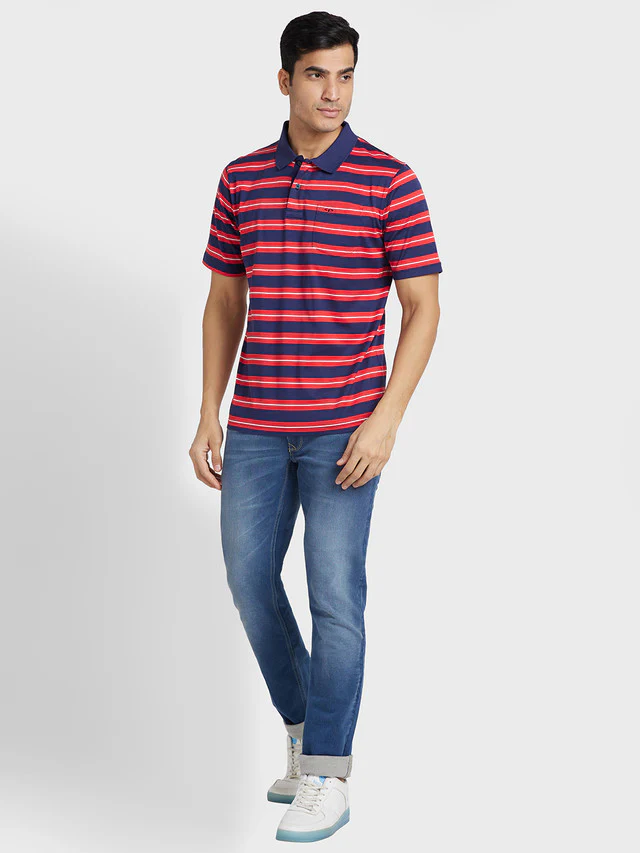 Colorplus Men Red Striped Classic Fit Half Sleeve Polo Neck T-Shirt - Image 5