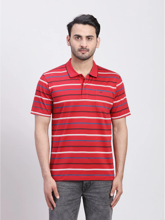 Colorplus Men Red Striped Regular Fit Half Sleeve Polo Neck T-Shirt