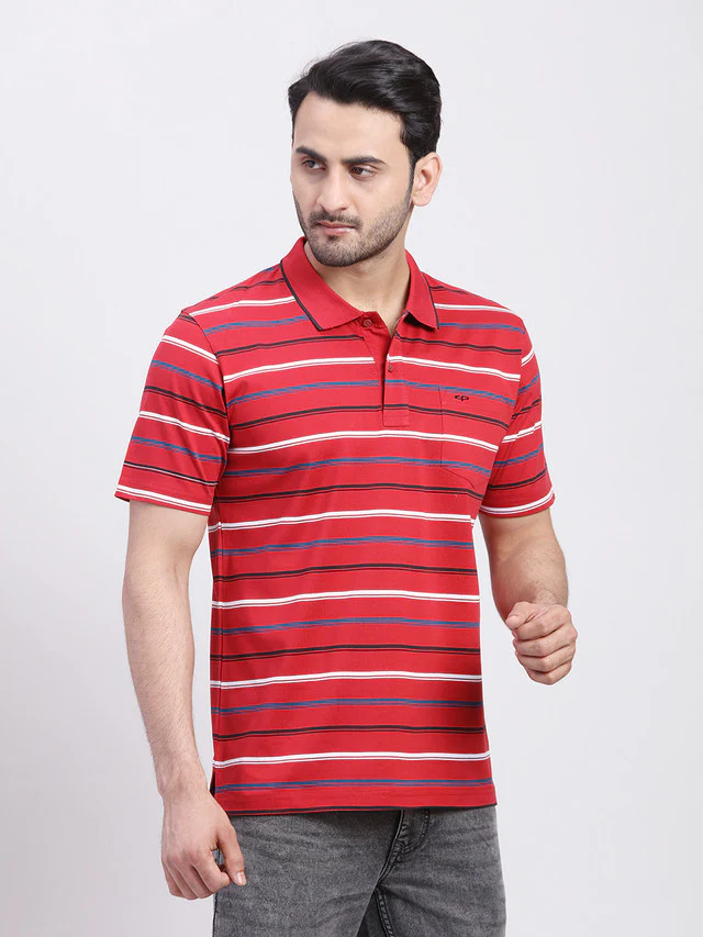 Colorplus Men Red Striped Regular Fit Half Sleeve Polo Neck T-Shirt - Image 2