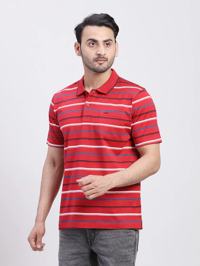 Colorplus Men Red Striped Regular Fit Half Sleeve Polo Neck T-Shirt - Image 3
