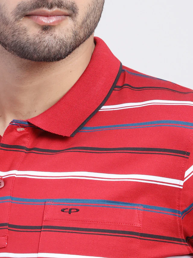 Colorplus Men Red Striped Regular Fit Half Sleeve Polo Neck T-Shirt - Image 6