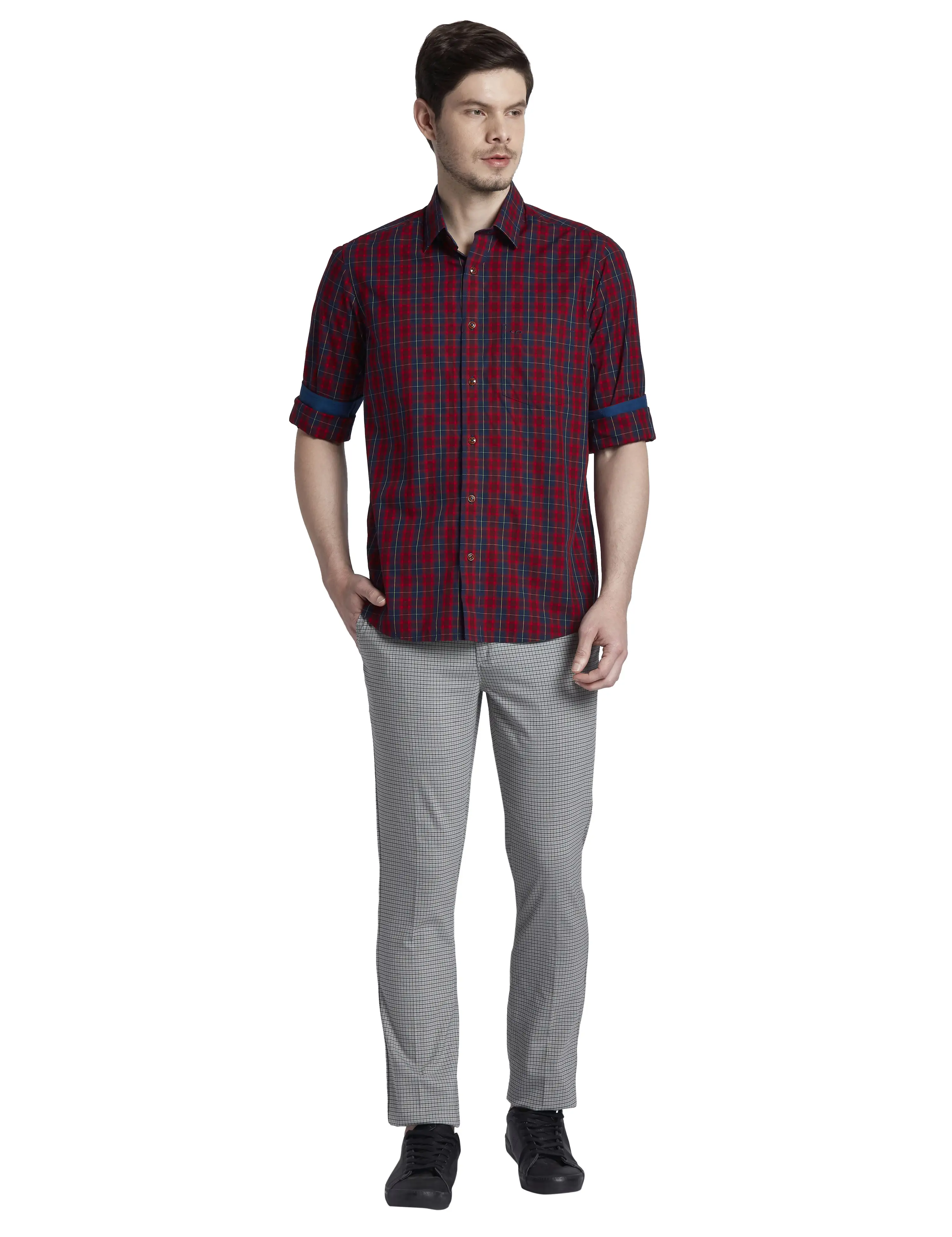 ColorPlus Men Red Tailored Fit Checks Cotton Full Sleeve Shirts - Image 5