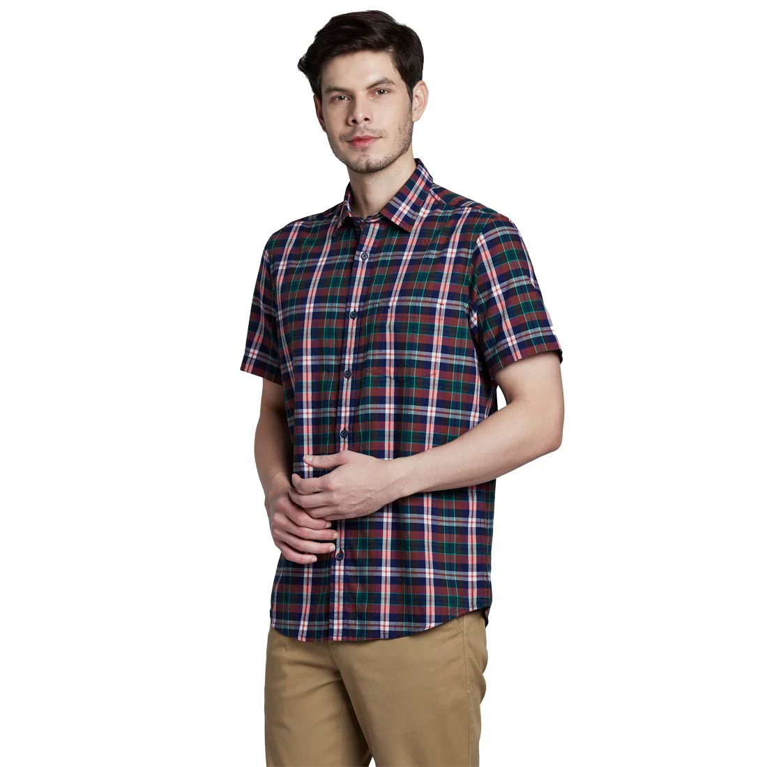 ColorPlus Men Red Tailored Fit Checks Cotton Half Sleeve Shirts - Image 3