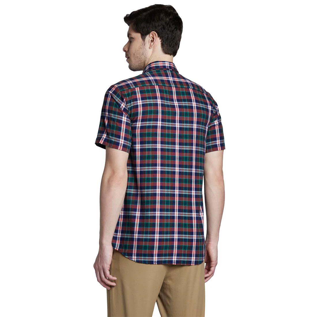 ColorPlus Men Red Tailored Fit Checks Cotton Half Sleeve Shirts - Image 4