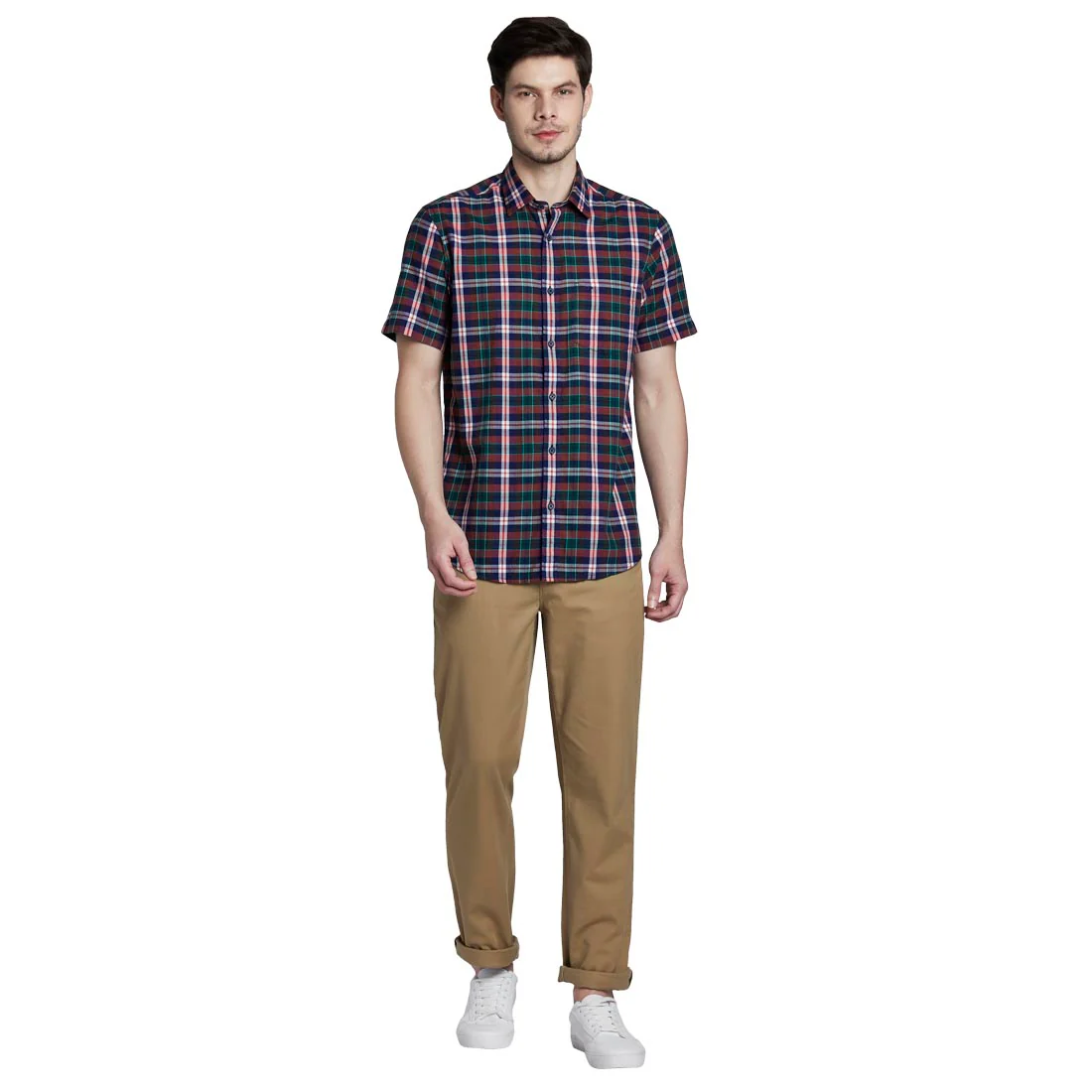 ColorPlus Men Red Tailored Fit Checks Cotton Half Sleeve Shirts - Image 5