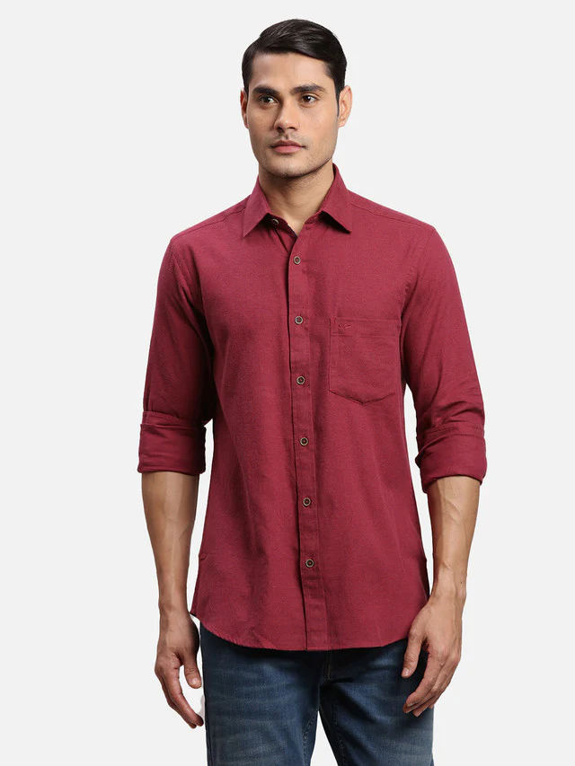 Colorplus Men Red Yarn Dyed Regular Fit Full Sleeve Spread Collar Shirt