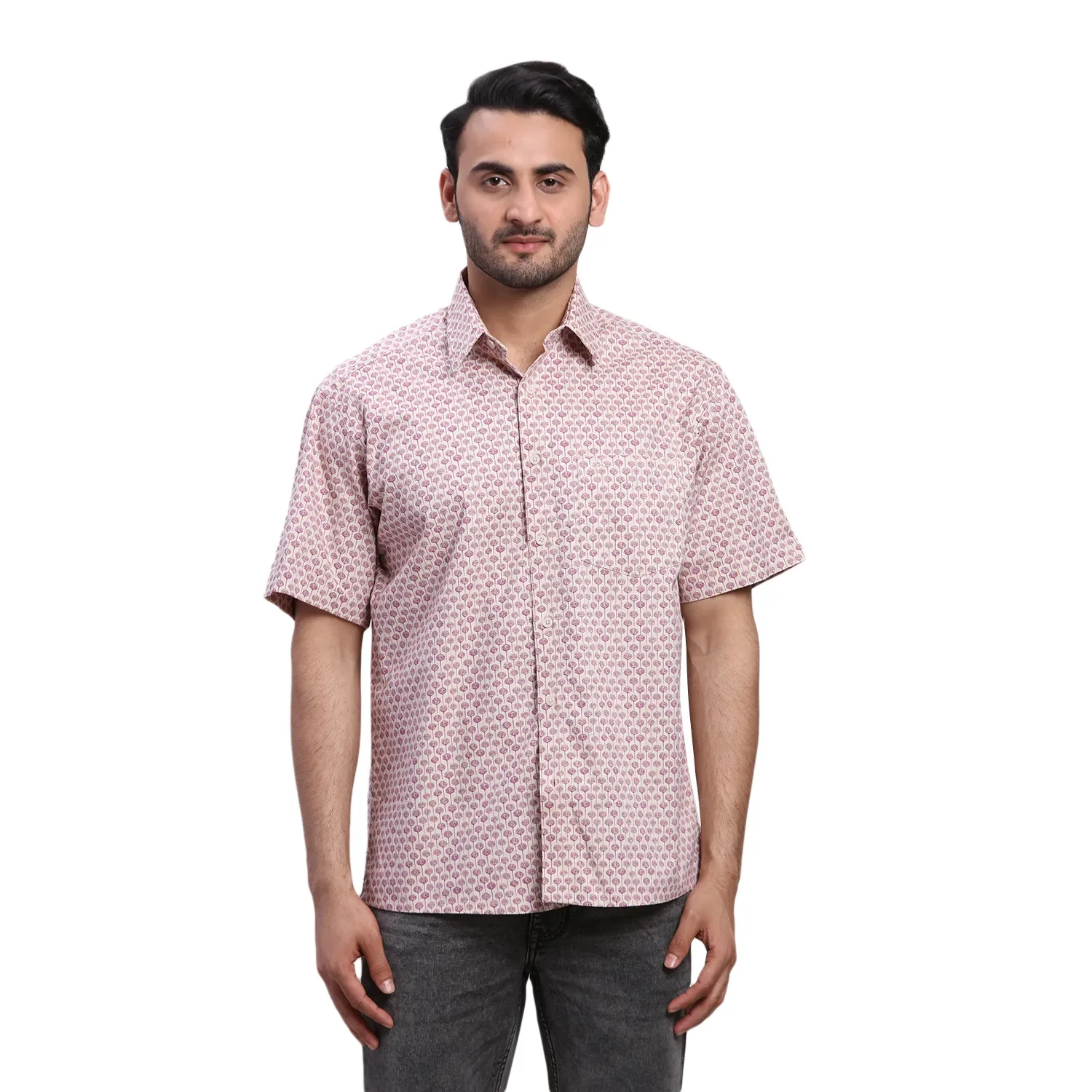 ColorPlus Men Violet Print Comfort Fit Cotton Half Sleeve Shirt