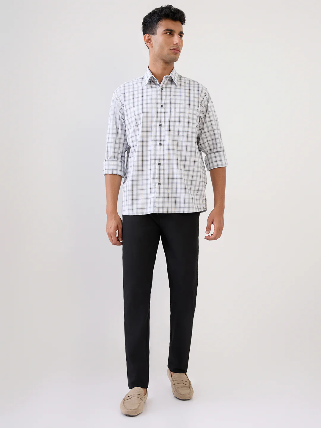 Colorplus Men White Checks Comfort Fit Cotton Full Sleeve Casual Shirt - Image 5