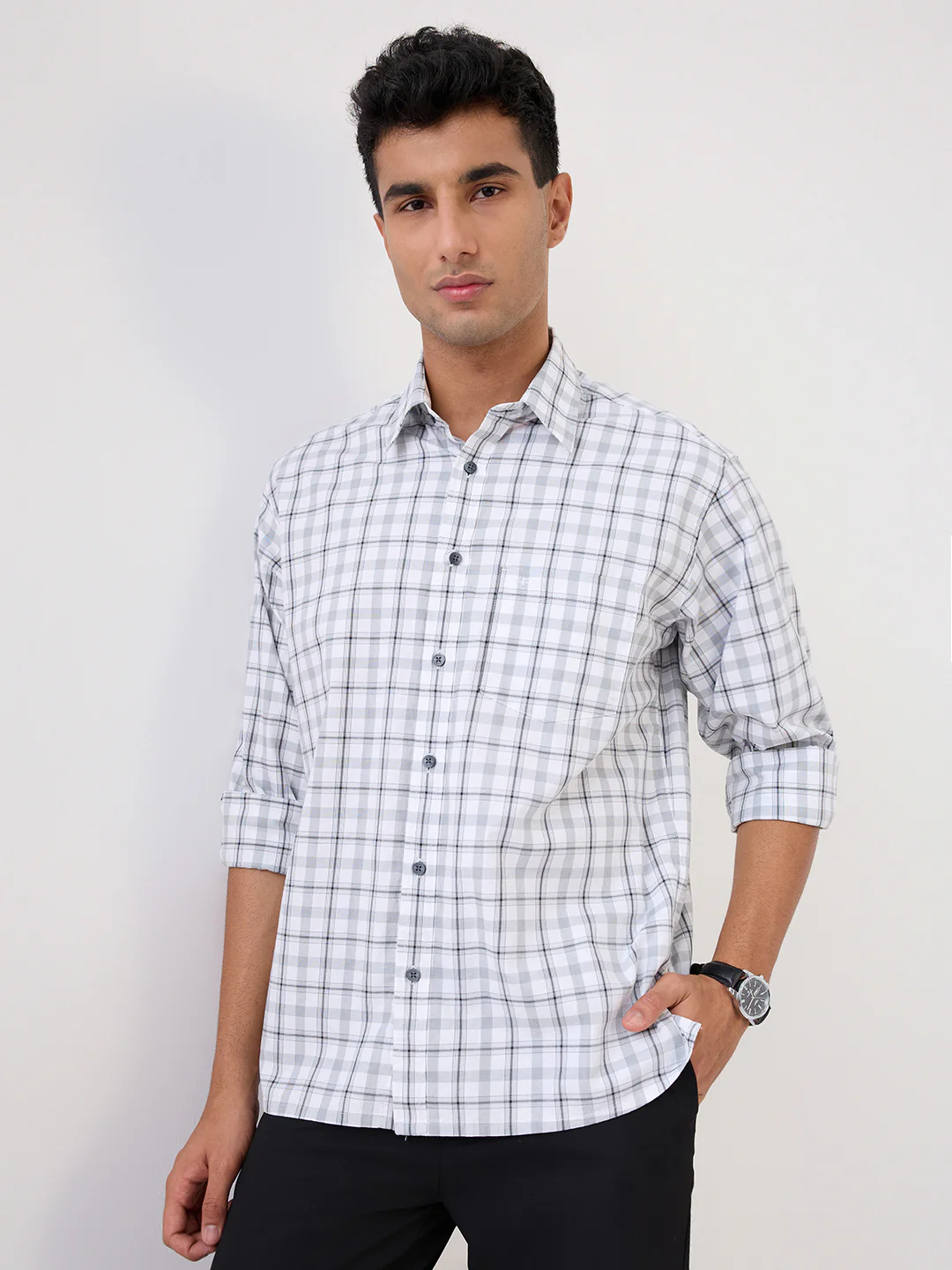 Colorplus Men White Checks Comfort Fit Cotton Full Sleeve Casual Shirt - Image 6