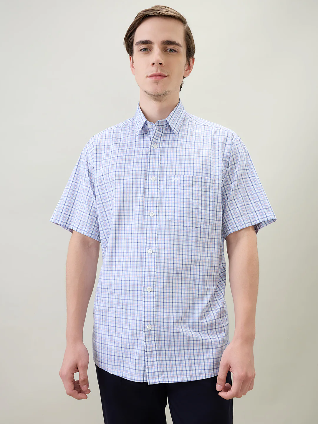 Colorplus Men White Checks Comfort Fit Cotton Half Sleeve Casual Shirt