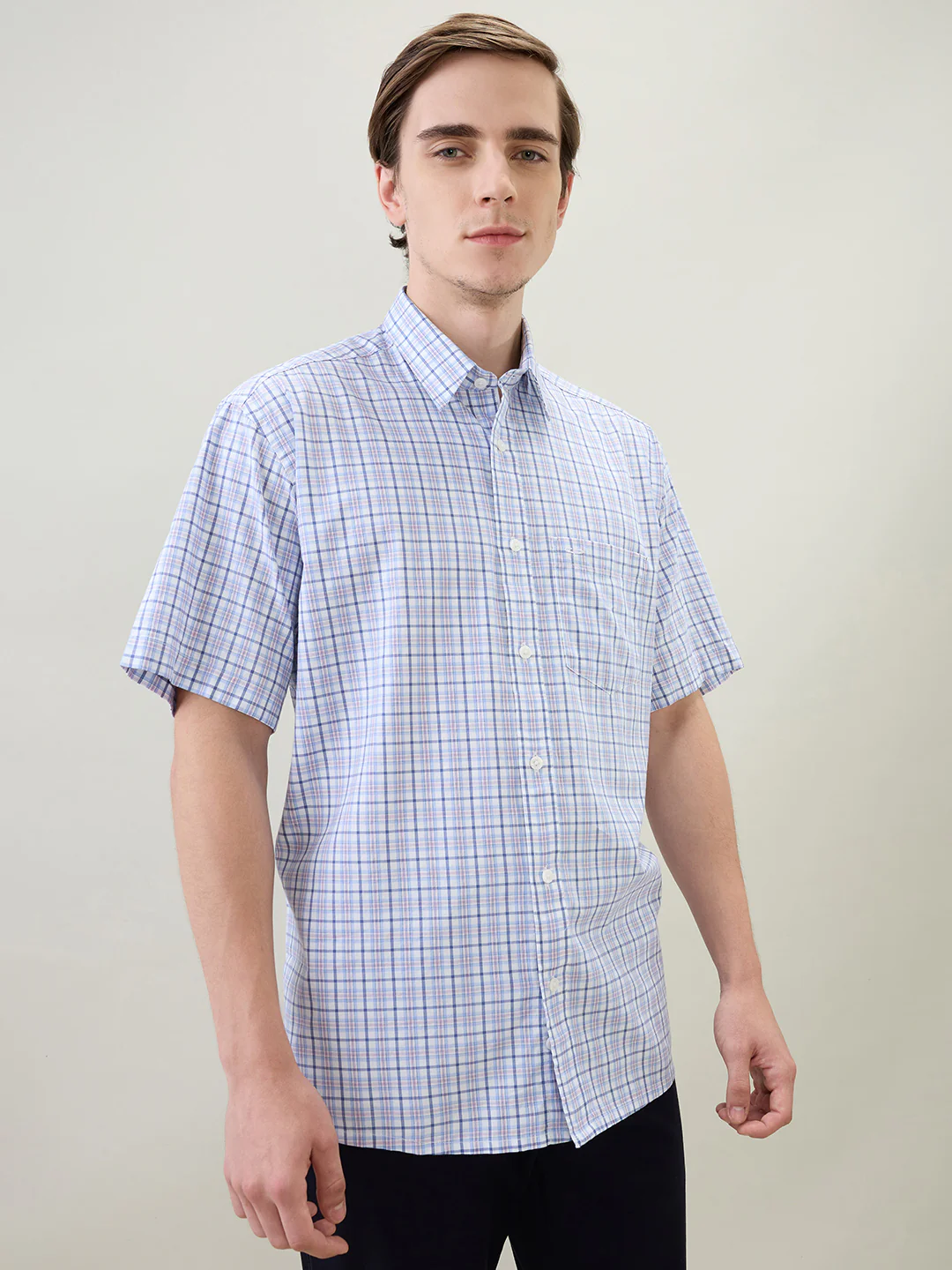 Colorplus Men White Checks Comfort Fit Cotton Half Sleeve Casual Shirt - Image 2